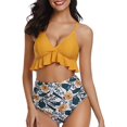 thumbnail image 1 of Women Two Piece Swimsuits High Waisted Ruffle Flounce Bikini V Neck Tummy Control Bathing Suit Yellow Floral (L, 1 of 5