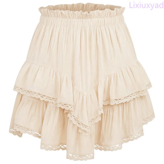 Lixiuxyad Skirt for Women Flowy Skater Skirt With Ruffle Casual Tennis Skirt Solid Color Lace Trim Comfort Stretch Waistband For Daily Wear,Beige