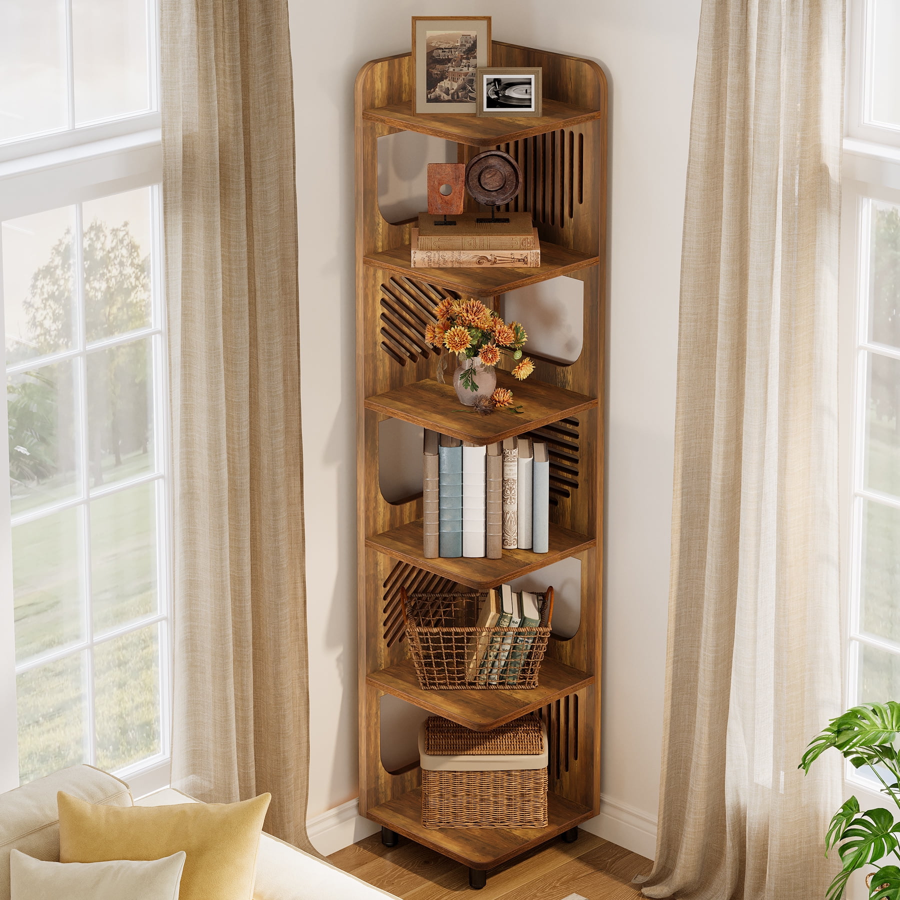 Finmind 71-Inch Rustic 6-Tier Corner Shelf Stand, Tall Narrow Corner Bookshelf Storage Rack, Plant Stand Display Shelf Organizer for Home and Office, Yellow