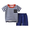 thumbnail image 1 of Ensemble de Pyjama à Manches Courtes pour Enfants, Tenue de Nuit en Coton Deux Pièces avec Imprimé à Rayures, Col Rond, Pantalon Long, Bleu, Convient aux Âges de 6 Mois à 6 Ans, 1 of 6