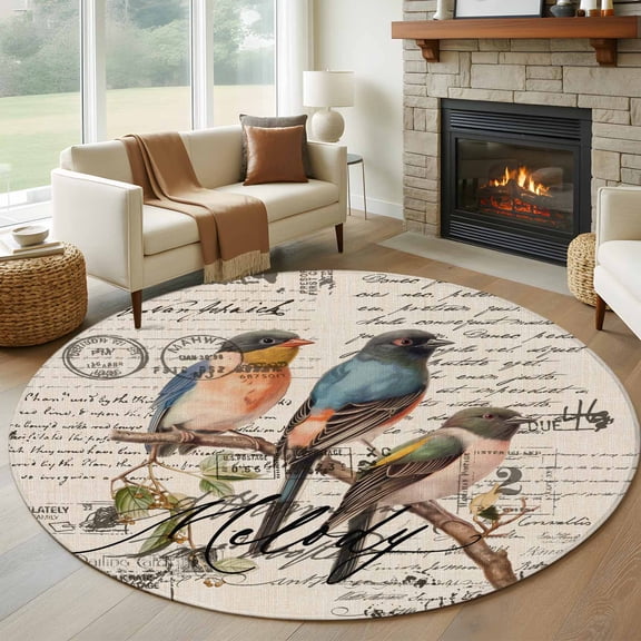 Country Birds Round Area Rug 5 FT, Non Slip Bedroom Area Rug, Envelope Postmark Vintage Farmhouse Botancial Washable Soft Circular Carpet Floor Mat for Kitchen Dining Room Foyer Balcony Dorm