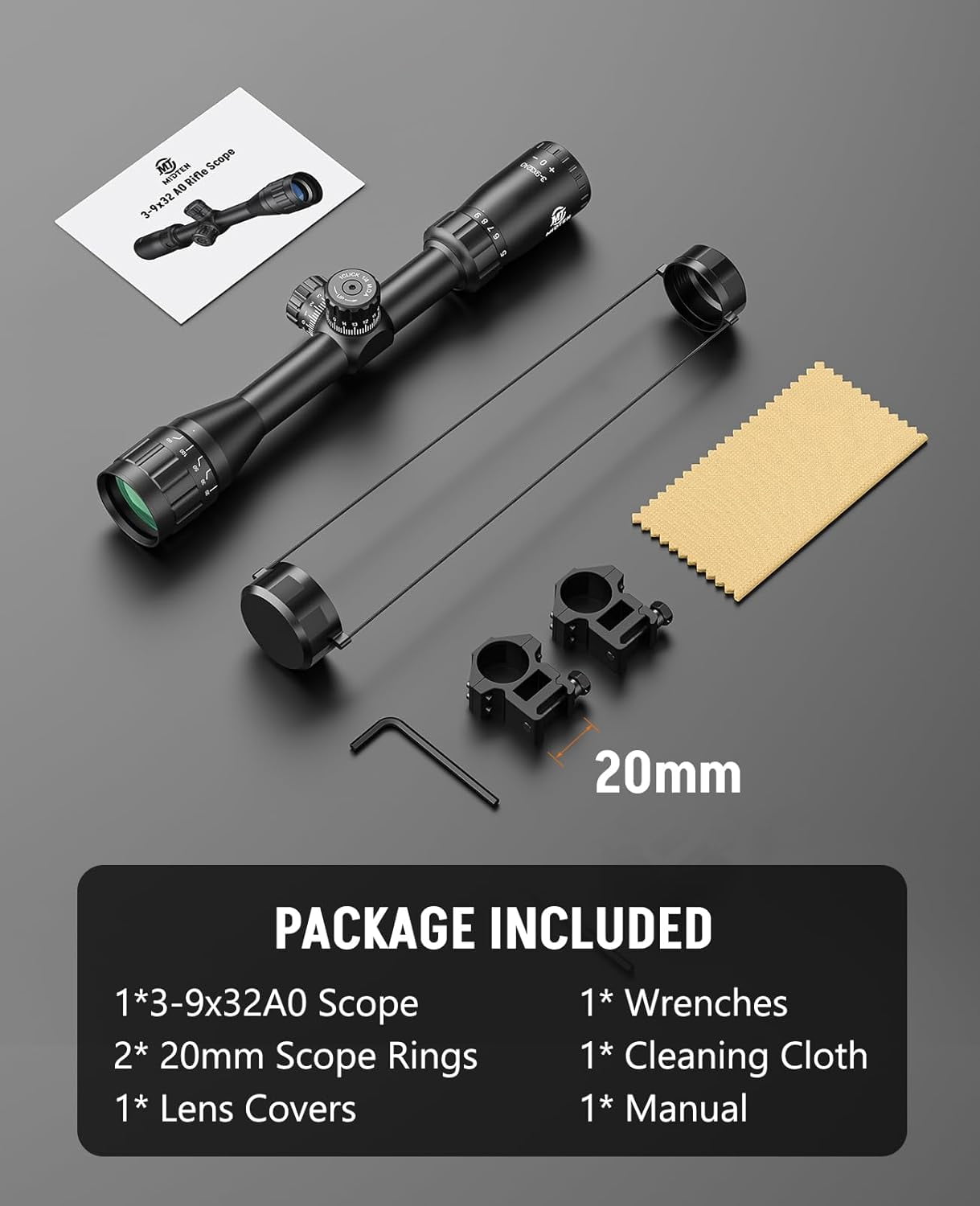 SharpOptics 3-9X32 AO Scope with Locking Turret with 20mm Scope Rings for Hunting,Green
