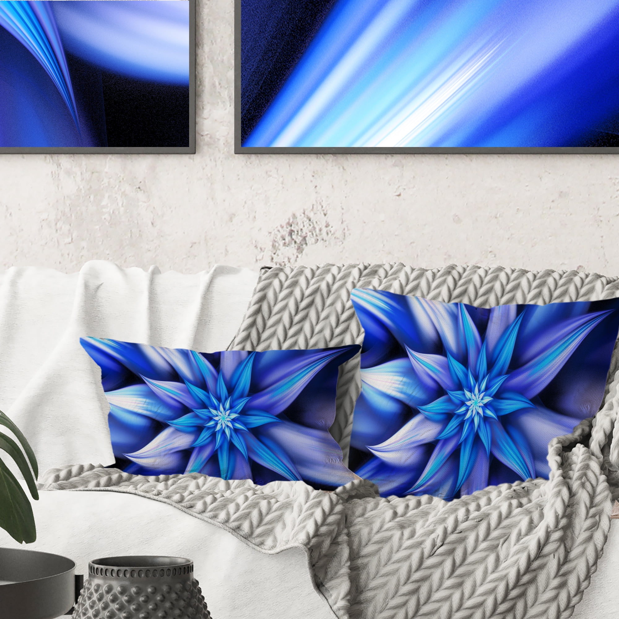 Designart Dancing Blue Flower Petals - Floral Throw Pillow - 12x20