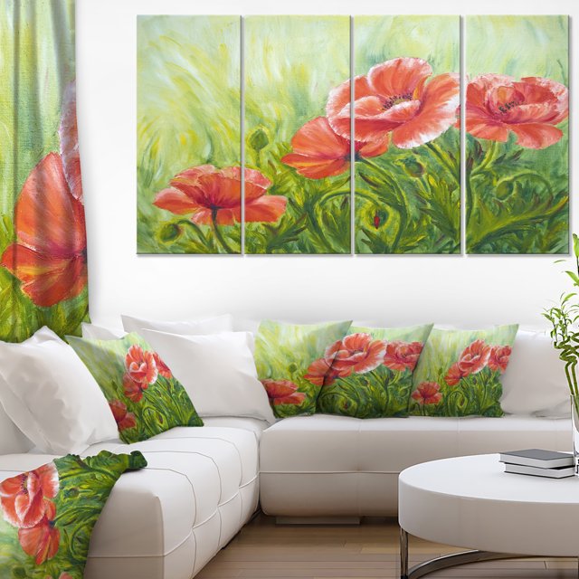 Blooming Poppies with Green Leaves