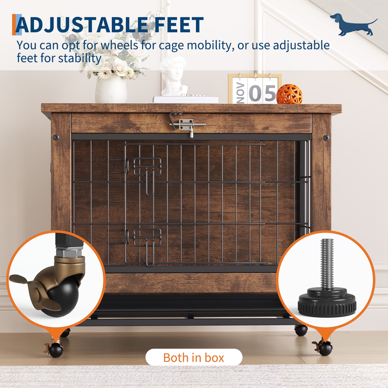 Dog Crate Furniture with 2 Doors, Indoor Small Dog Crates with Wheels, Heavy Duty Wooden Kennel Furniture, End Side Table Cage, Anti-Chew, Rustic Brown