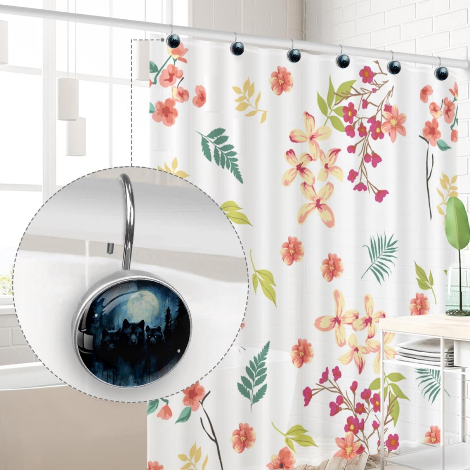Night Forest Wolves Shower Curtain Hooks Round Crystal Glass, Set of 12 Shower Curtain Rings - Shower Hooks for Curtain Shower Rings