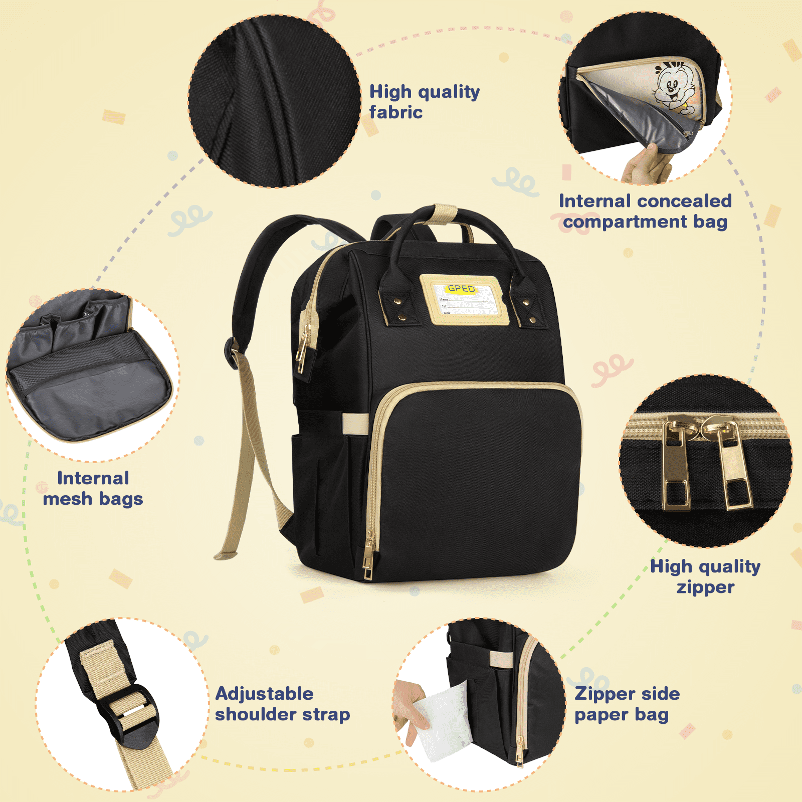 GPED Large Capacity Multifunction Diaper Bag Backpack with Insulated Pockets, Black
