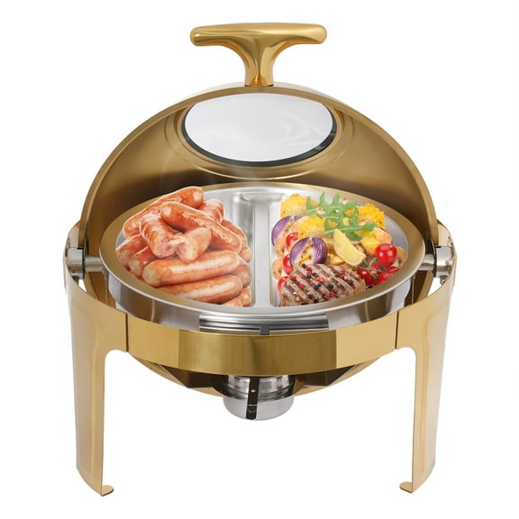 Wildnix Round Chafing Dish Buffet Set with Gold Plating, Clear Glass Lid, and 8L Capacity for Serving Hot and Cold Dishes