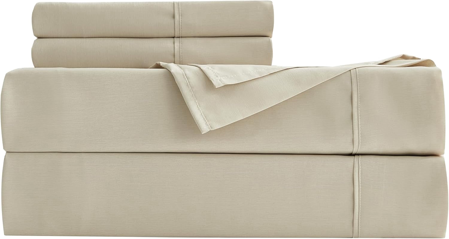 Chezmoi Collection 4-Piece Stone Washed King Sheet Set, Rayon Derived from Bamboo & Polyester Blended, Breathable & Cooling 15-Inches Deep Pocket Sheets & Pillowcases Set, Sand
