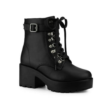 BLISSFUL STEP Women's Zip Block Heel Platform Ankle Combat Boots Black 7