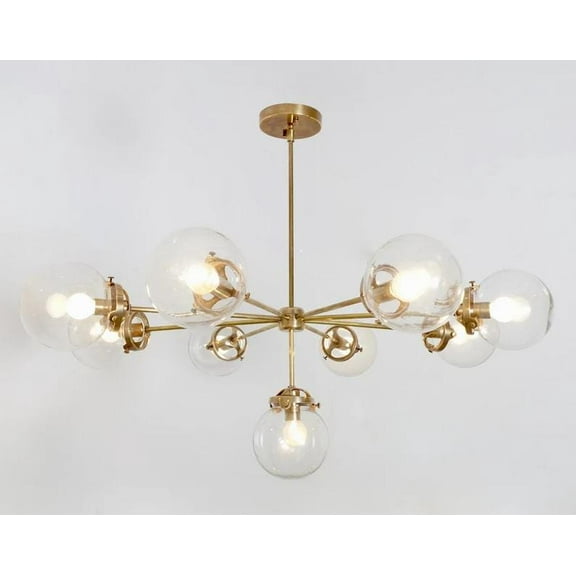 Gorgeous Mid Century Modern 9 Globe Chandelier – Handcrafted Brass & Glass Pendant Light Fixture, Ceiling Lamp for Dining Room, Living Room, Kitchen, and Bedroom