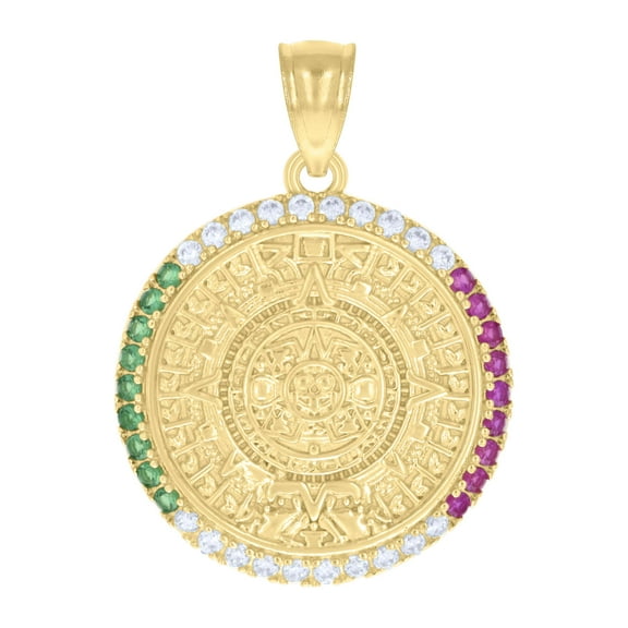 14K Yellow Gold Multicolor CZ Men's 1" Medallion Charm Aztec Calendar Pendant