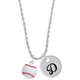 thumbnail image 1 of Delight Jewelry Silvertone Large White Enamel Baseball Silvertone Script Initial Disc - D - Charm Necklace, 20"+3", 1 of 4