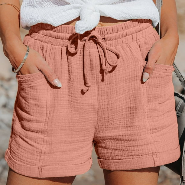 Women Plain Drawstring High Waist Shorts Summer Casual Ruffle