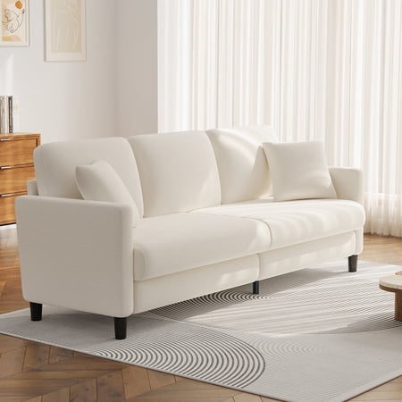 83" Comfortable Upholstered Sofa, 3 Seater Couch for Living Room, Neche Big Loveseat with Extra Deep Seats , 2 Pillows, Beige White