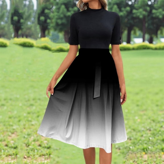 Kojanyu Women's Printed High Neck Short Sleeve Midi Dress – Cuff Buttons with Detachable Waist Belt
