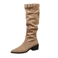 thumbnail image 2 of Wowcloth Suede Knee-High Boots for Women - Pointed Toe with Stacked Ruffles and Buckle Strap, Chunky Heel for Slimming Effect, Casual Riding Boots for Autumn Winter Fashion, 2 of 9