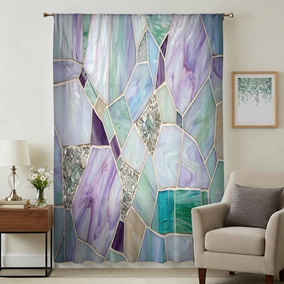 Stained Glass Texture Sheer Curtains 72 Inches Long, Modern Abstract Purple Green Glass Glow Light Filering Curtains, Breathable Simi Curtain Privacy Drapes for Living Room Bedroom Window Treatment