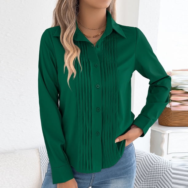 Xuyuer Women's Casual Solid Color Long Sleeve Turndown Collar Button Blouse, Elegant Office Top for Business Attire, Formal Events and Professional Wardrobe Essentials