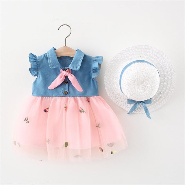 EGNMCR Robe pour Enfants, Robe Mi-Mollet Sans Manches à Col Rond, Tout-Petits Enfants Bébés Filles Mode Mignonne Sans Manches Douce Broderie Imprimé Robe à Volants Ensemble avec Chapeau Robe Fille