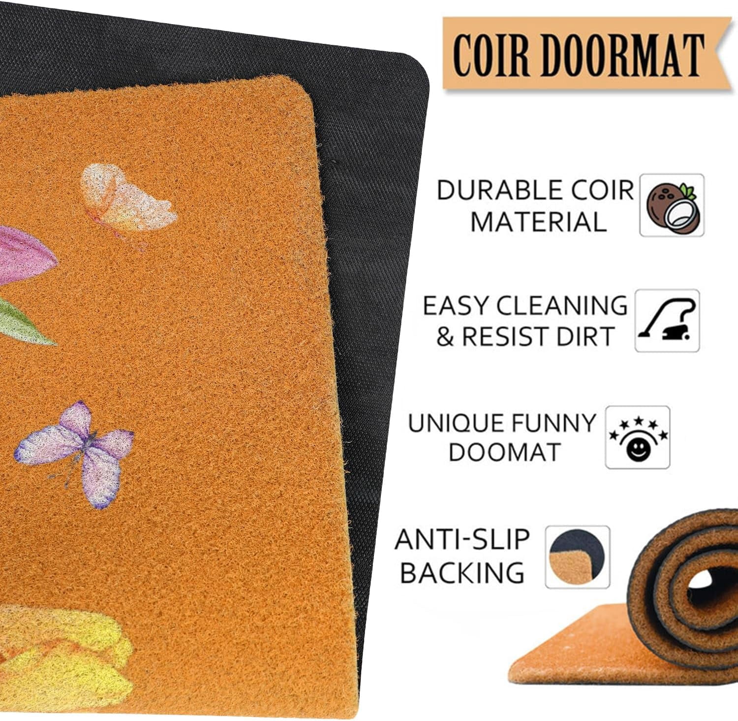 Tulip Floral Butterfly Coir Door Mat for Front Door, Spring Sumeer Flowers Outdoor Welcome Mats for Entrance,Garden,RV,Patio,Home Porch Decor Doormat 30x17 Inch