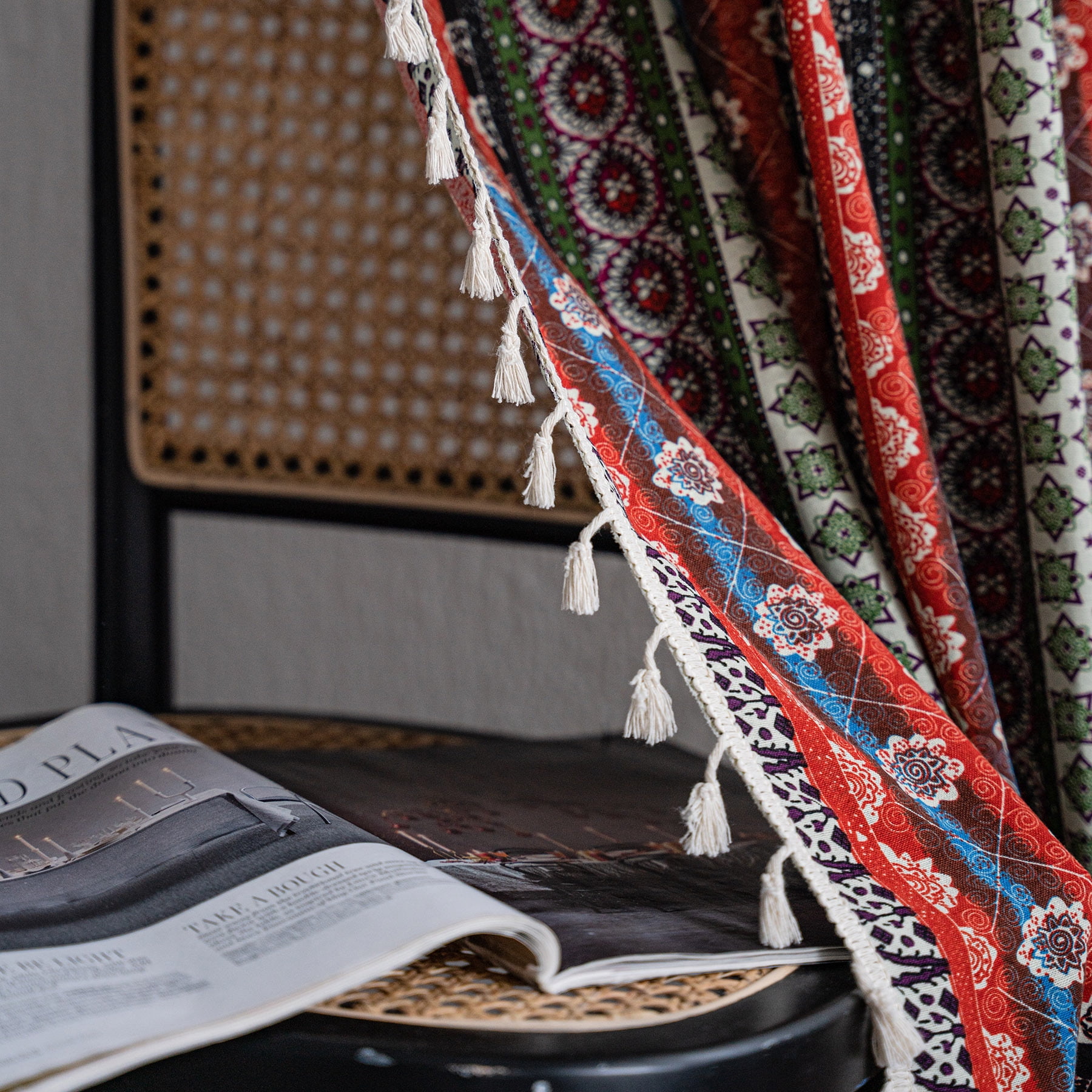 VOGOL Farmhouse Boho Striped Tassels Window Decor, Semi Blackout Bohemian Geometric Curtains for Dining Room Office, 1 Panel, Rod Pocket, 59 x 94 Inches, Red CURTAIN & Blue