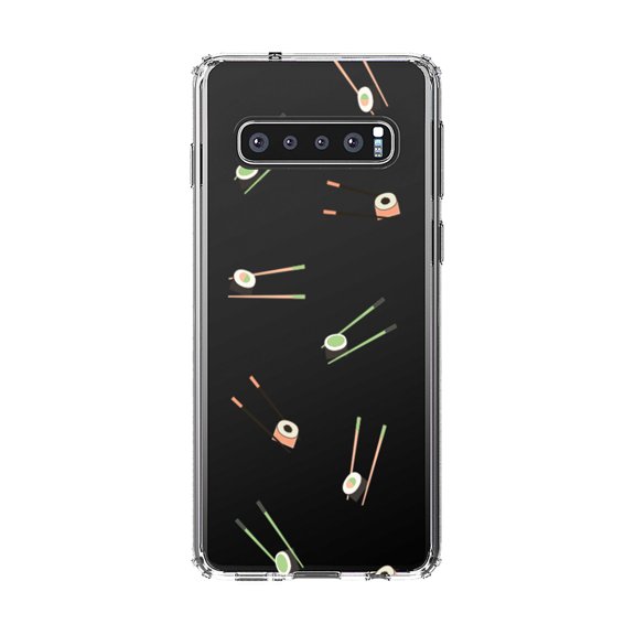 DistinctInk Clear Shockproof Hybrid Case for Samsung Galaxy S10 (6.1" Screen) - TPU Bumper, Acrylic Back, Tempered Glass Screen Protector - Sushi with Chopsticks - Pastels