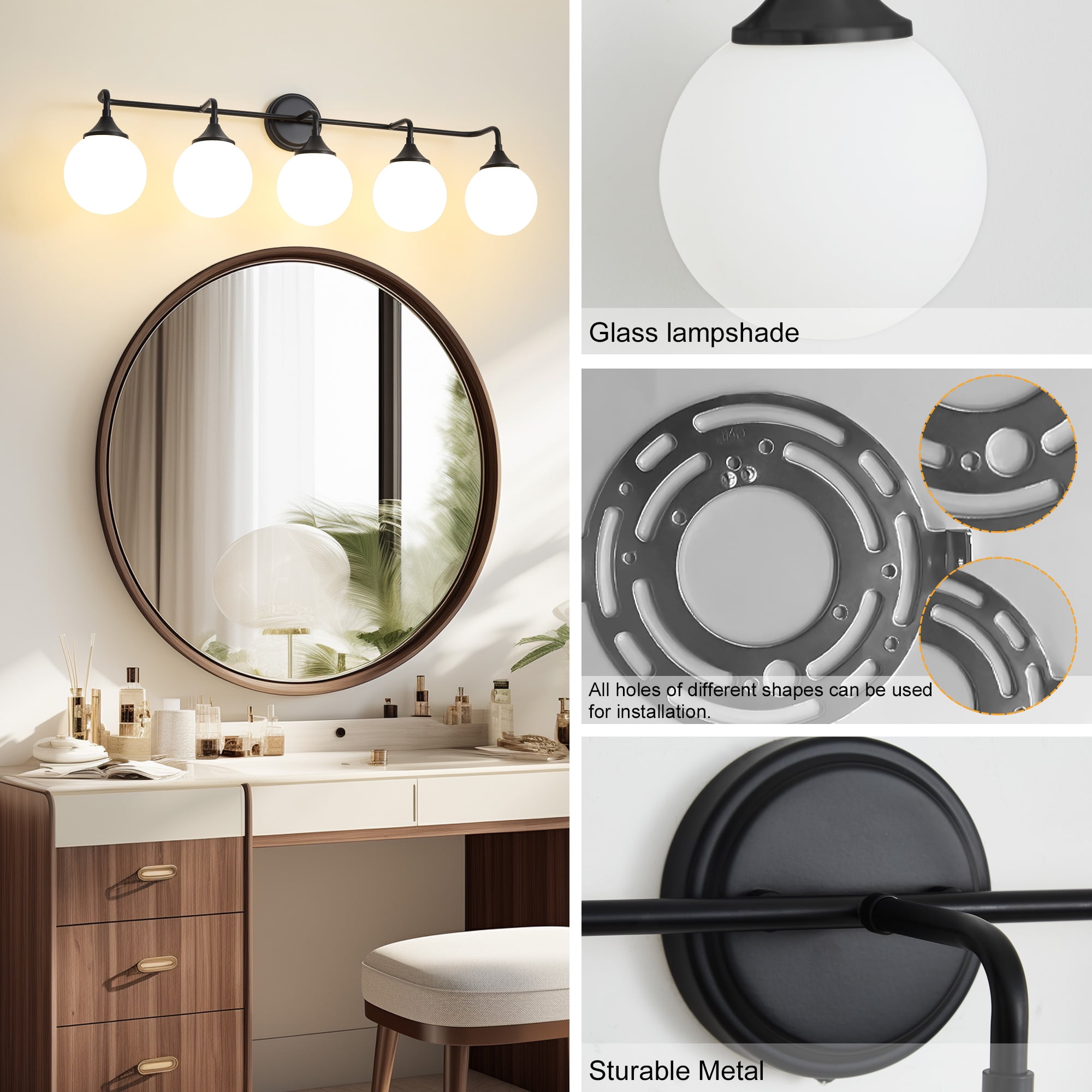 Deyidn 5-Light Black Modern Vanity Light, 39 Inch Dimmable Bathroom Light Fixture with Opal Glass Globes for Mirror