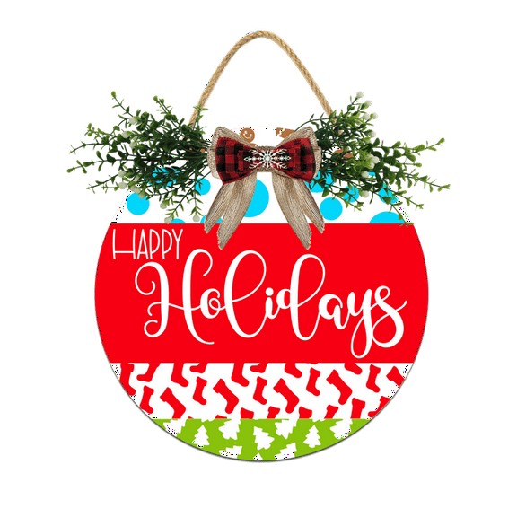 Eveokoki Front Door Porch Decorations Happy Holidays Door Hanging Sign 12 inch Wooden Wall Sign, Rustic Holiday Wreath Decor for Front Door Porch Home Window Wall Farmhouse Decorations