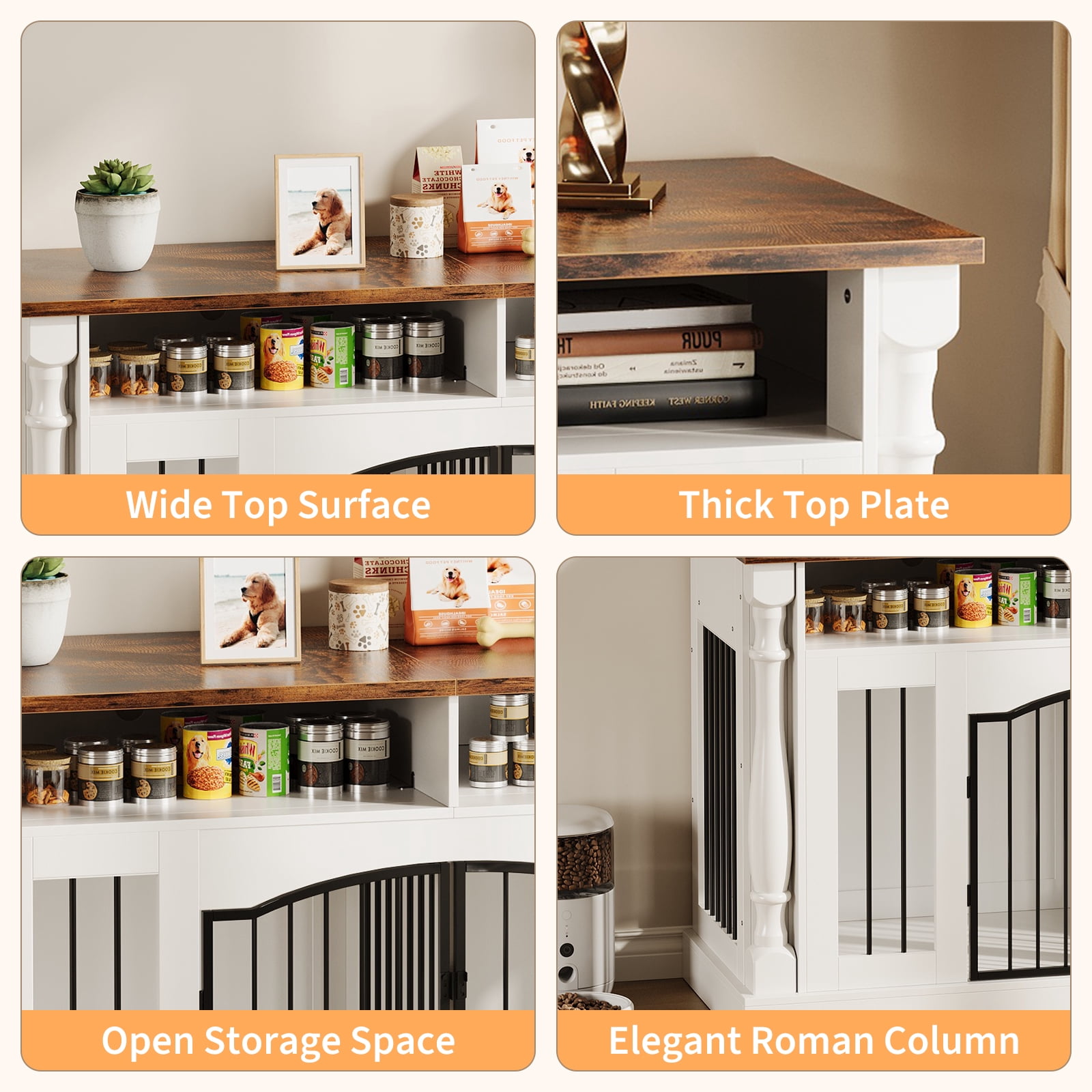 Heavy Duty Double Dog Crate Furniture for 2 Dogs - 63" Wooden Kennel with Roman Column Design - TV Stand & Open Storage, Sliding Barn Doors - For Small & Medium Breeds - Rustic Tiger Wood