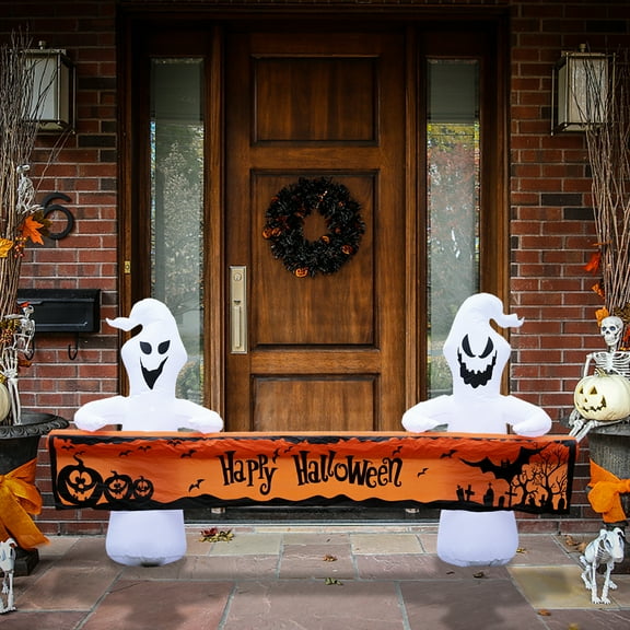 Large Hallowee Inflatable-8FT White Ghosts with Orange Banner Print “Happy Halloween” LED Lights Outdoor Halloween Decorations Blow Up Decoration for Halloween Party, Yard, Garden, Lawn