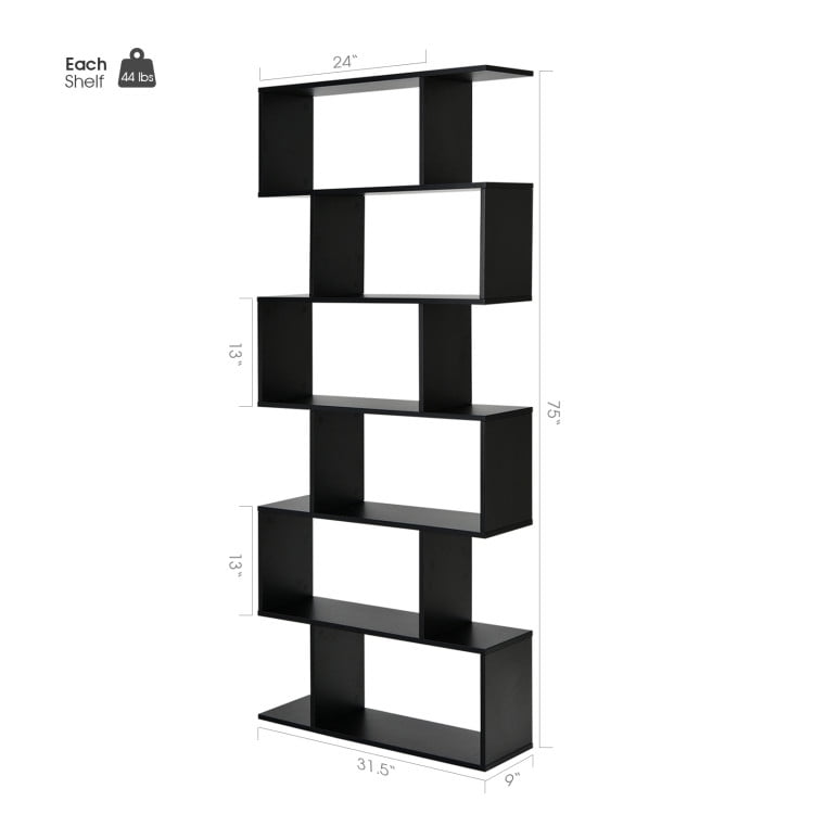 Demi Bonn 6 Tier S-Shaped Bookshelf Storage Display Bookcase Decor Z-Shelf, Black