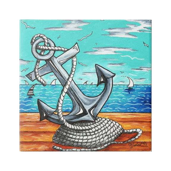 Stupell Industries Maritime Anchor on Beach Nature Painting Gallery Wrapped Canvas Print Wall Art, 17 x 17