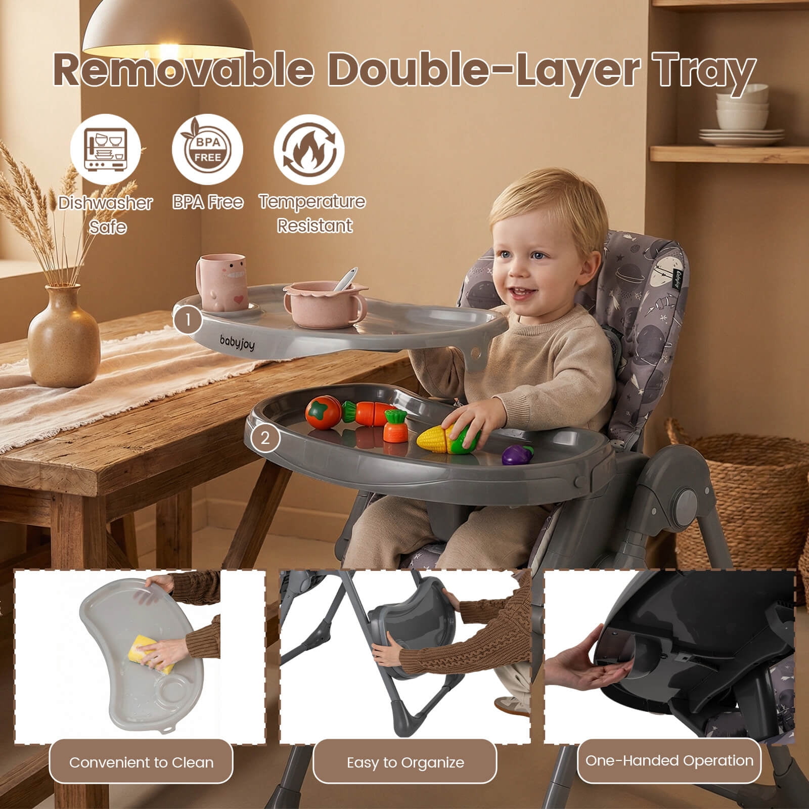 Babyjoy Foldable High Chair with Detachable Cushion, High Chair for Babies and Toddlers