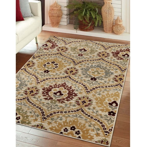 BNM Vintage Floral Damask Indoor Area Rug, 8' x 10', Camel