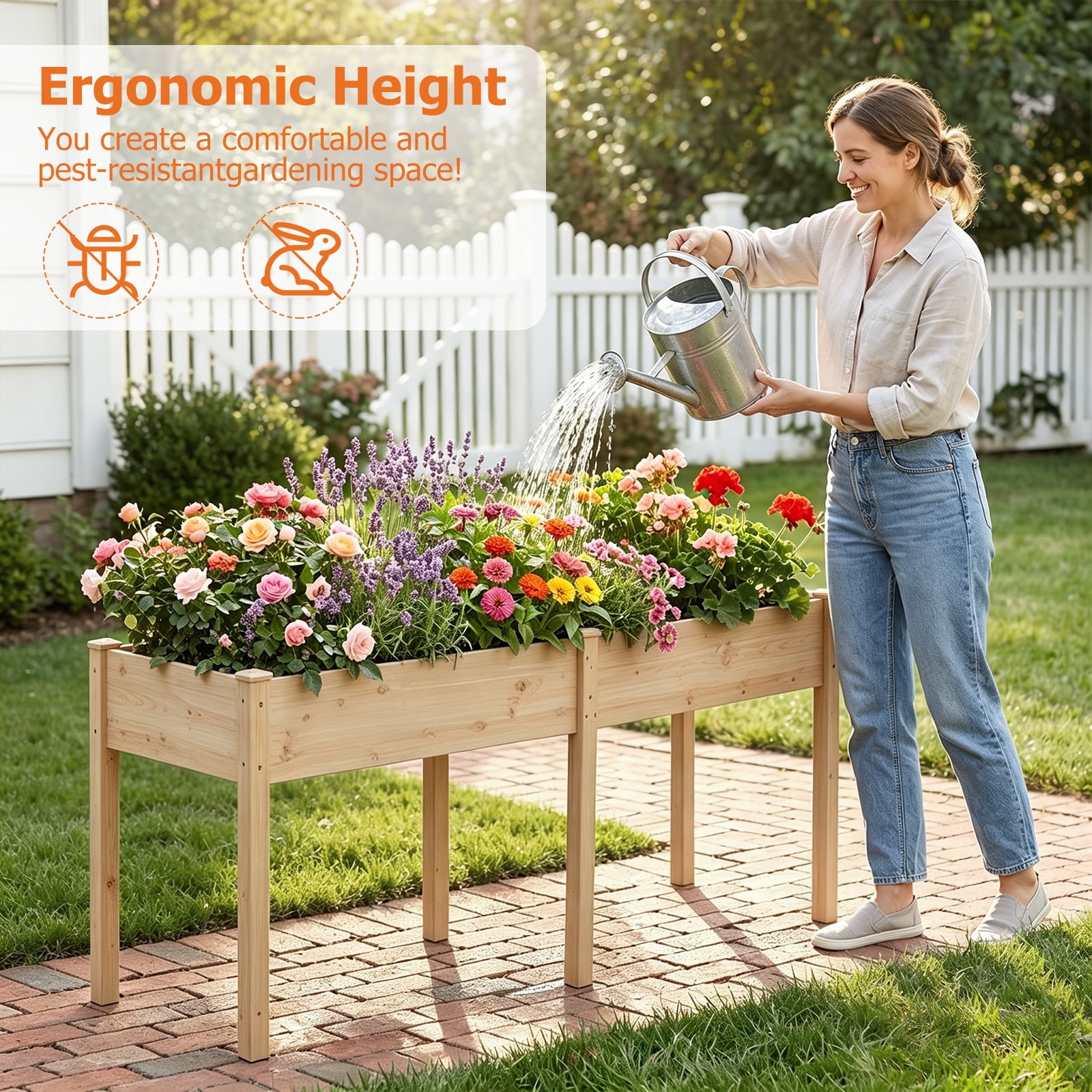 Atilioo Raised Garden Bed with Legs, 72x23x30 Inch Elevated Reinforced Wooden Large Planter Box for Backyard, Patio, Balcony w/ Liner, Natural