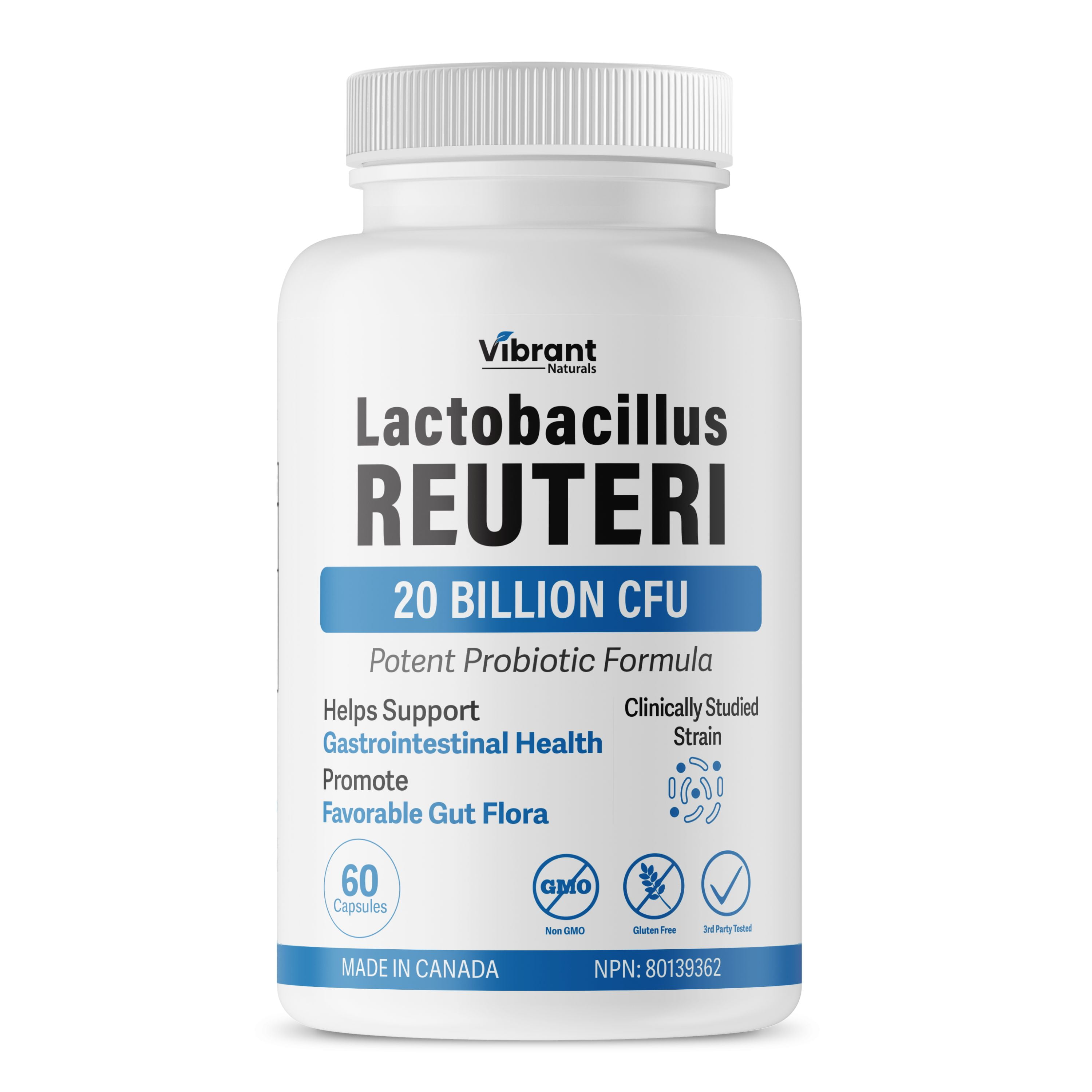 Vibrant Naturals Lactobacillus Reuteri Probiotic 20 Billion CFU - L Reuteri Probiotic - Highest CFU Count, Gut Health, Yogurt Starter Culture, Probiotic With Prebiotic FOS, Made In Canada, 60 Capsules