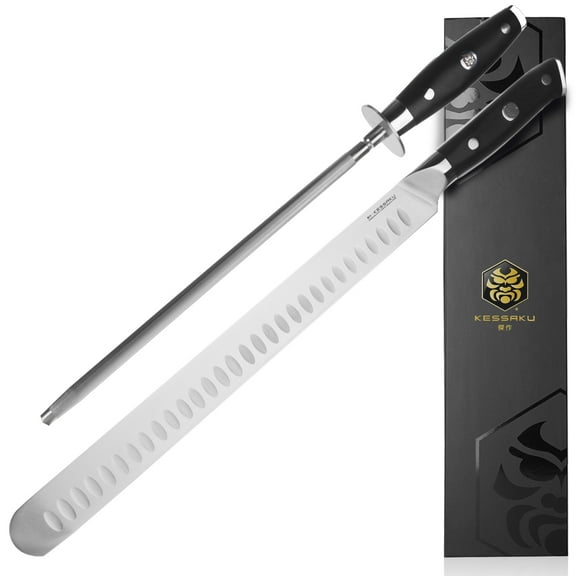 Kessaku 12-Inch Carving Slicing Knife & 10-Inch Sharpening Honing Rod Set - Dynasty Series - German HC Steel, Granton Edge, G10 Resin Full Tang Handle
