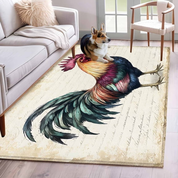 Vintage Rooster Area Rug 3x5 Washable Rug Non Slip Farmhouse Retro Country Animal Prints Large Area Rug Indoor Floor Carpet for Entryway Bedroom Kitchen Living Room Home Office Dining Room Nursery