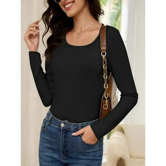 Womens Long Sleeve T Shirt Scoop Neck Shirts Skinny Fitted Casual Basic Tops
