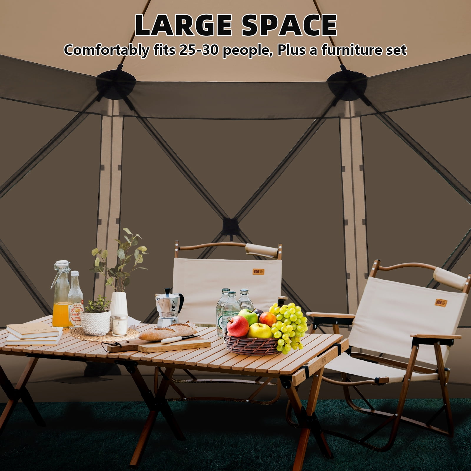 SANOPY 15'x15' Pop up Gazebo 8-Sided Outdoor Screen Gazebo with Netting & Sidewalls Camping Gazebo Instant Shelter Glamping Tent w/ Carrying Bag for Backyard Garden, Khaki