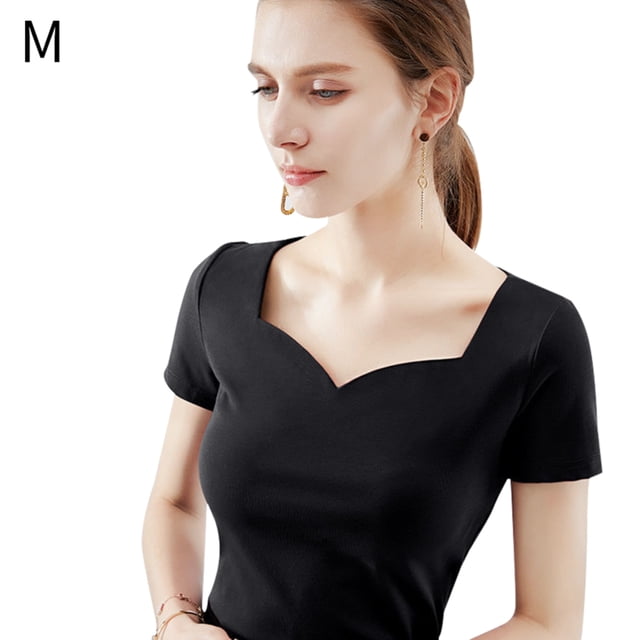 Camiseta de mujer manga corta corazón cuello en V algodón color sólido top, negro, m Yuarrent AP001286-02B