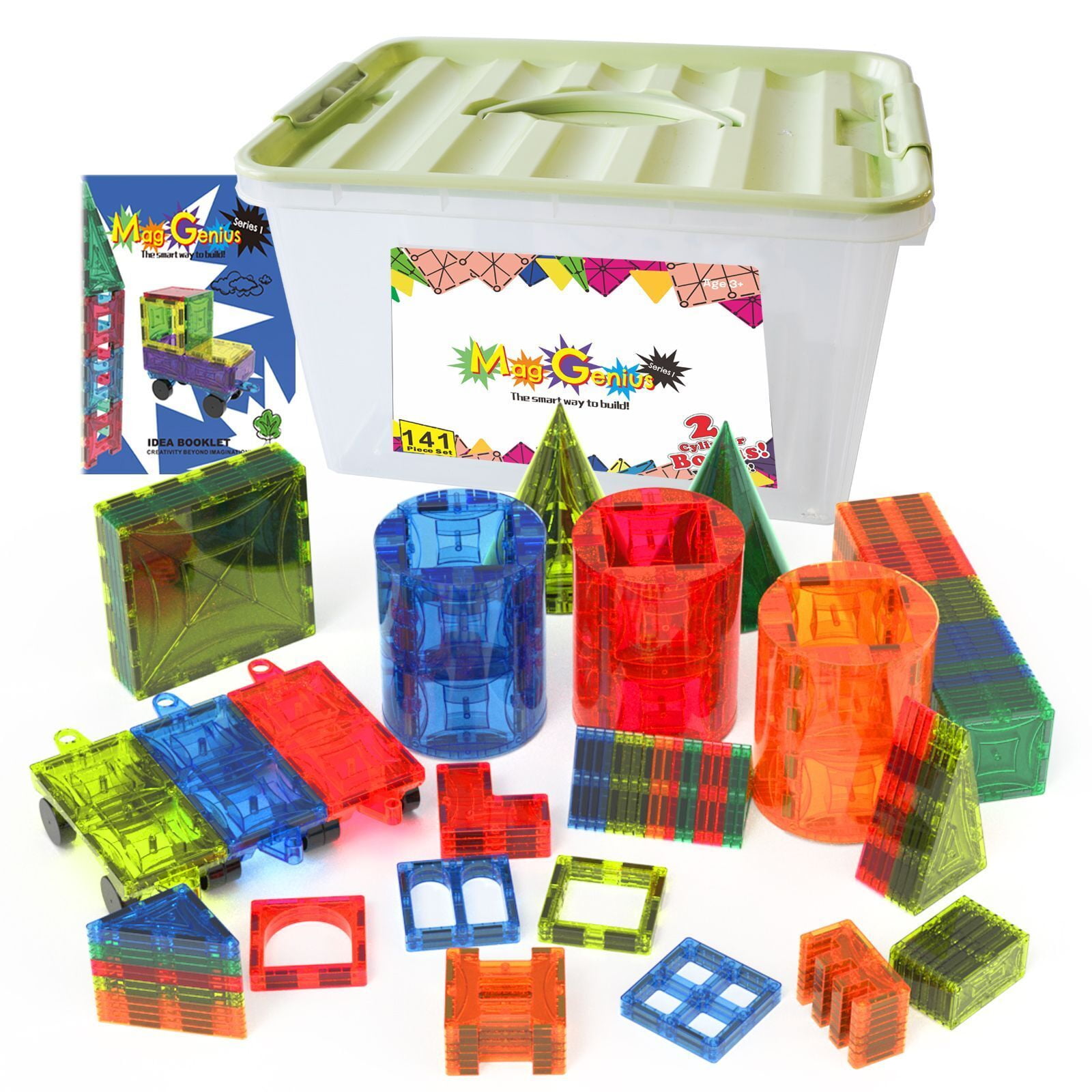 Mag-Genius building Tiles Magnet Toy Blocks Clear Colors 3D Brain Building  Blocks Set of 185 + Piece Includes 2 Cars And Free Storage Bin