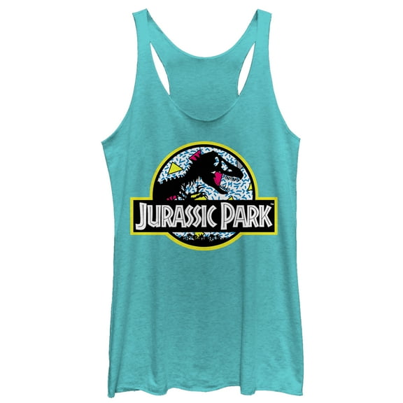 Women's Jurassic Park Retro Party Logo Racerback Tank Top Tahiti Blue Small