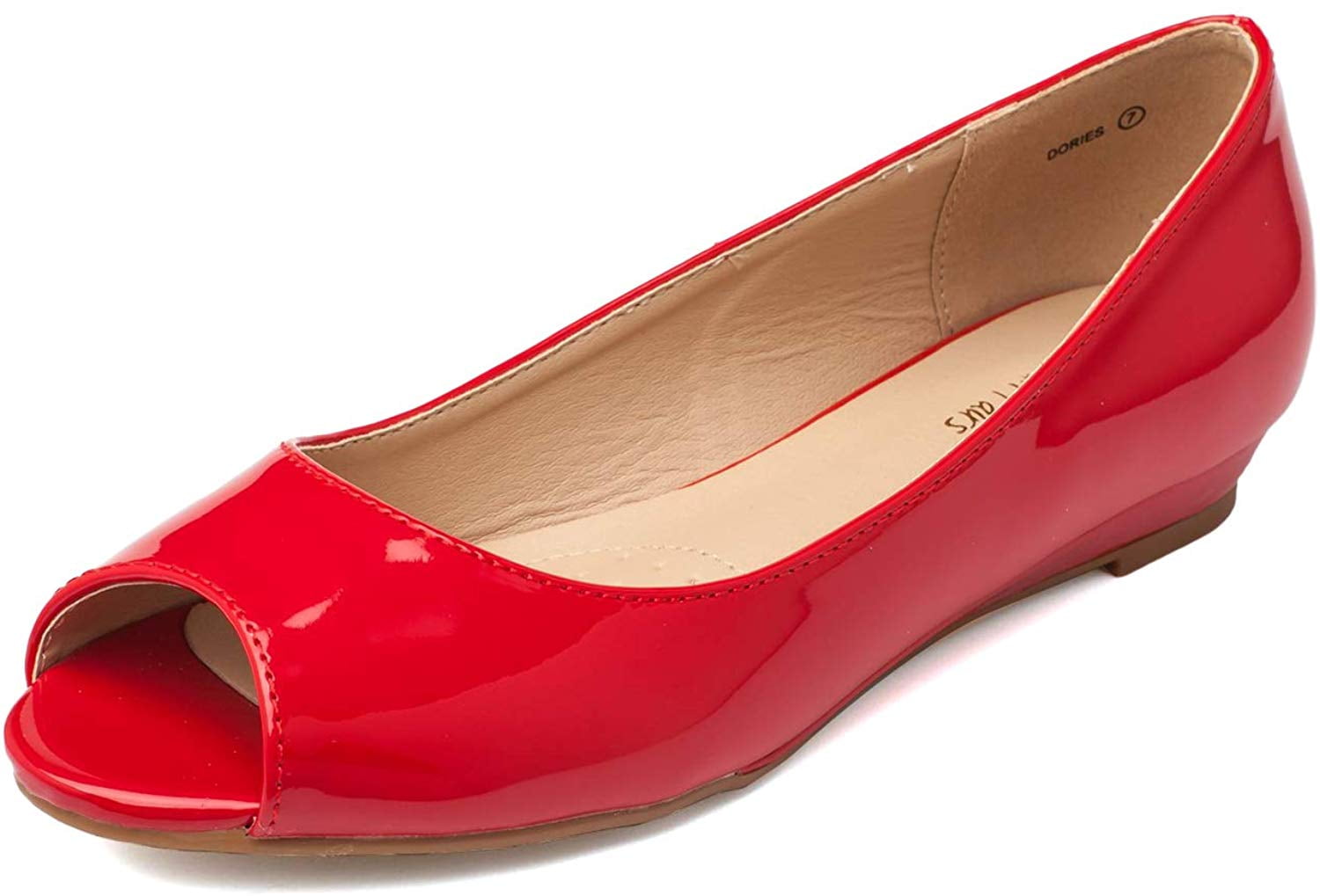 DREAM PAIRS Women's Fashion Peep Toe Flats Low Wedge Flats Slip On Shoes DORIES RED/PAT Size 5