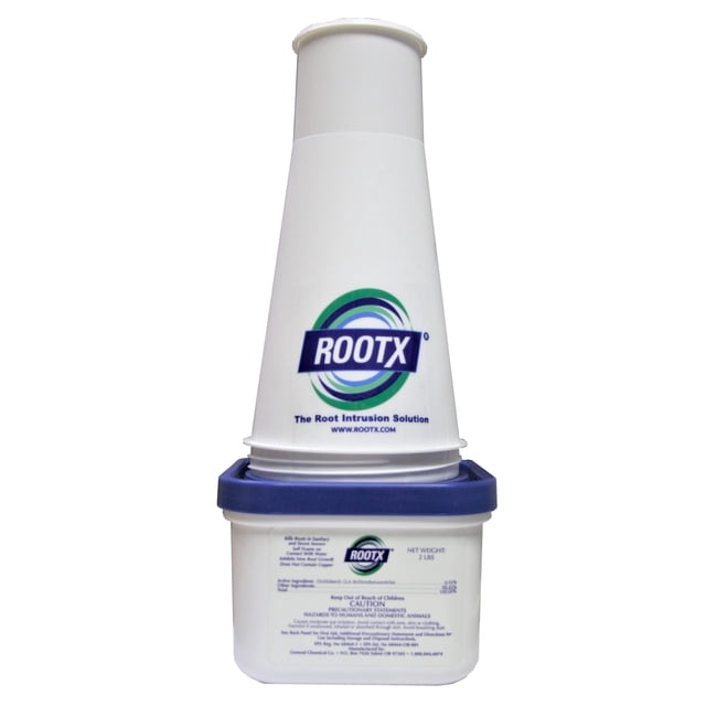 ROOTX - 2LB. JAR with Funnel/Applicator foaming root control for sewer lines and septic systems. The white jar features the RootX logo and includes a funnel applicator for easy use. Treats 50 feet of 4-inch pipe, eliminates tree root blockages in sewers, and is EPA accepted. Ideal for single-use applications and effective as a drain cleaner.