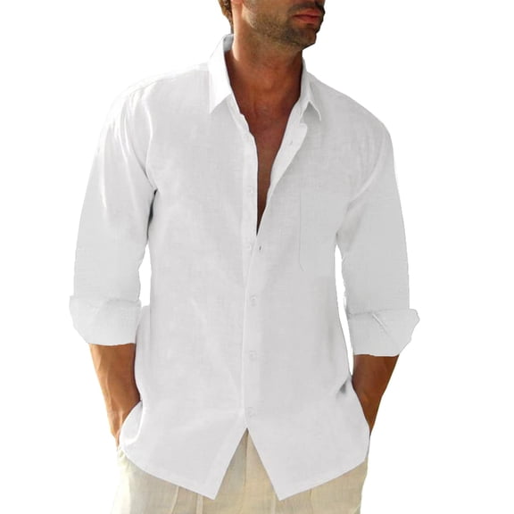 Camisa de lino JEKAOYI con botones, manga larga, blanca