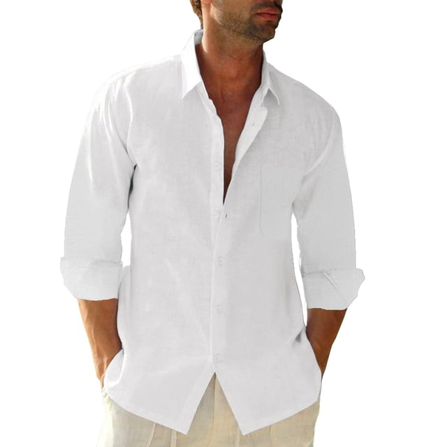 Camisa de lino JEKAOYI con botones, manga larga, blanca