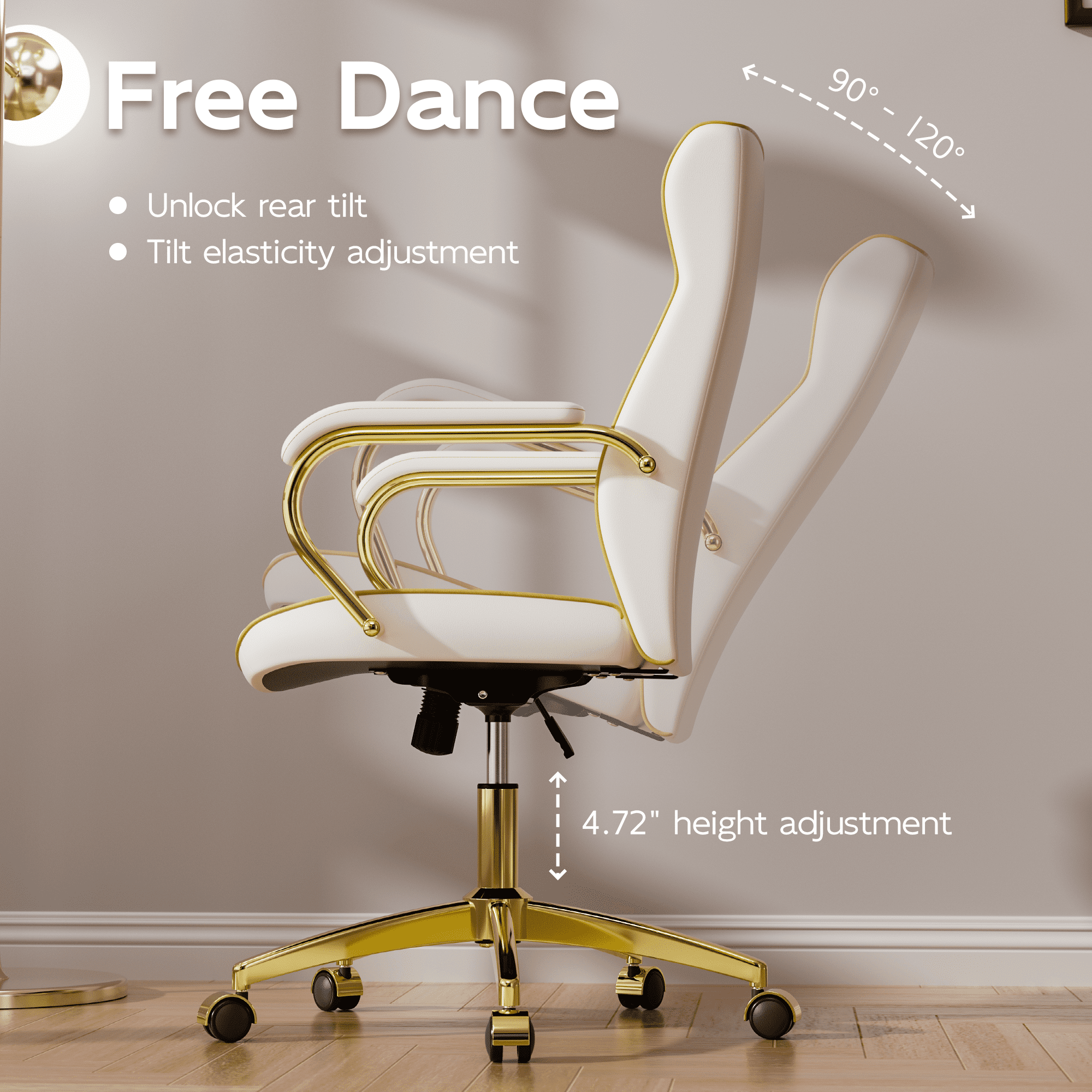 White and Gold Office Chair with Soft Leather Embroidery, Mid Back Vintage Swivel Executive Desk Chair with Wheels and Padded Arms, Adjustable Height