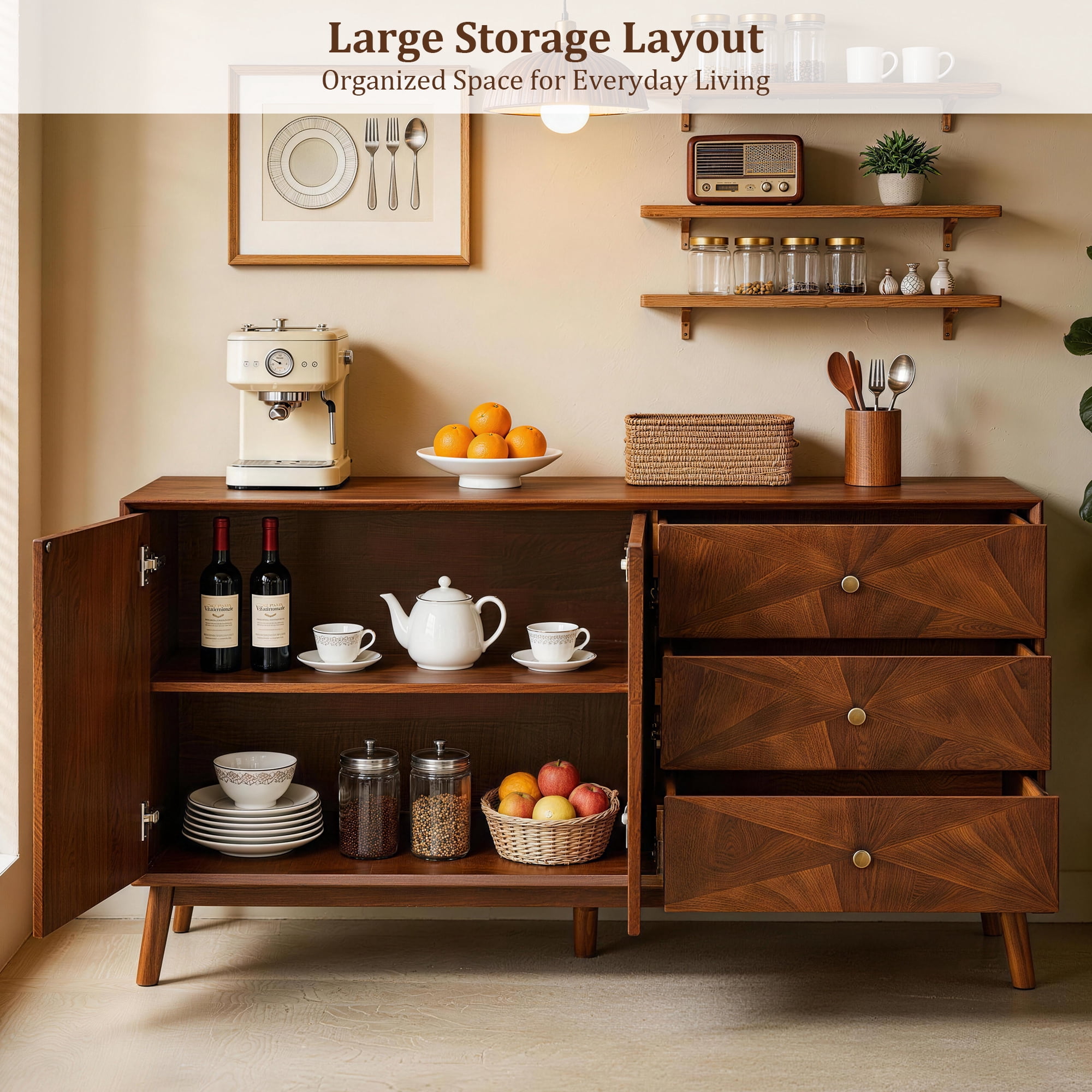 56-Inch Mid-Century TV Stand with 3 Drawers and 2 Doors, Wood Entertainment Center and Sideboard Buffet Cabinet, Walnut Brown